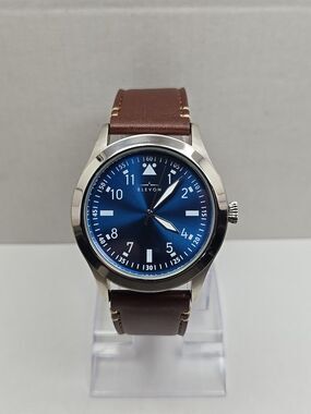 Elevon Hanson Blue Dial Pilot Watch Brown Leather Strap New Battery 42mm